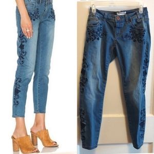 One x One Teaspoon Free Bird II Low Rise Fitted Leg Floral Embroidered Jeans